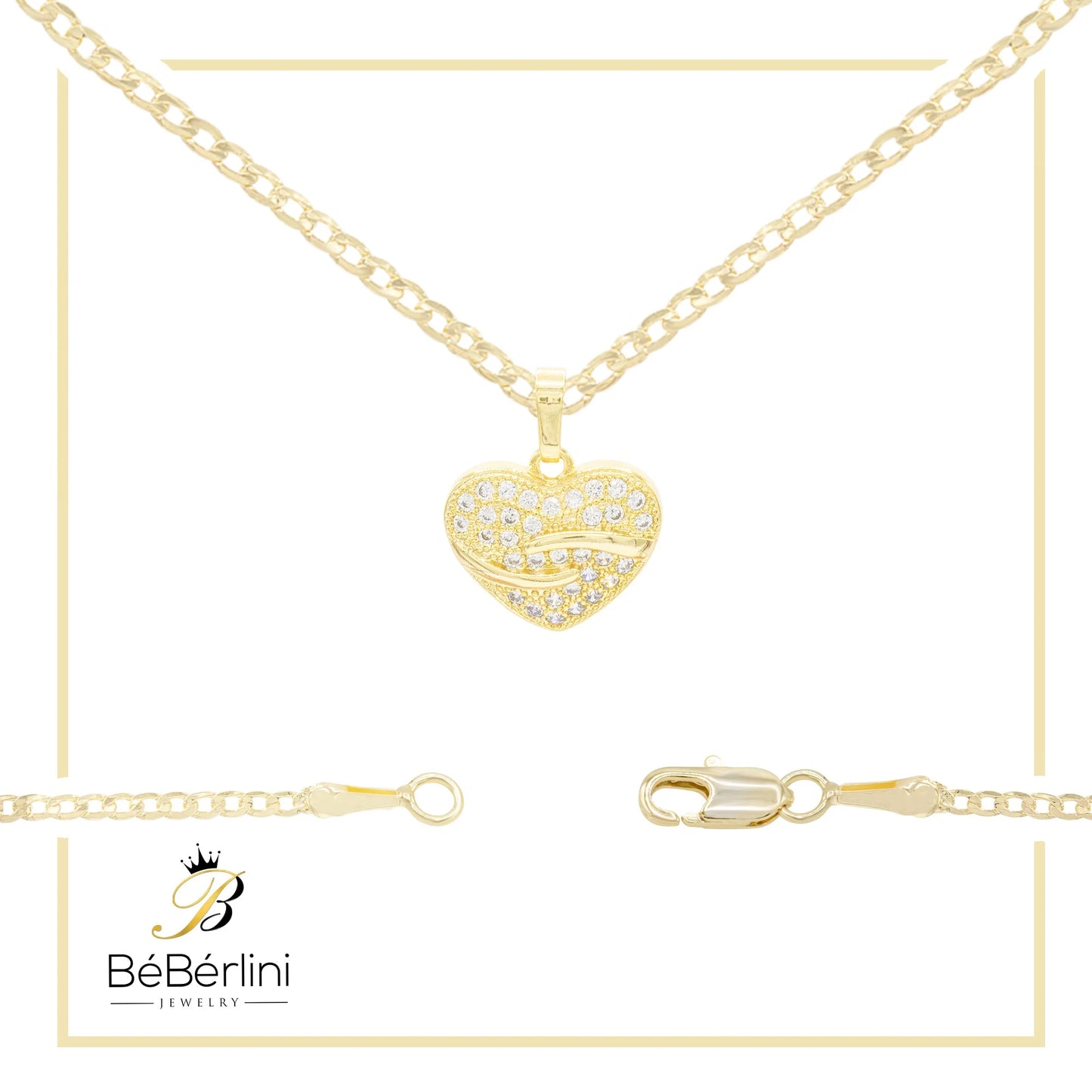 Heart CZ Charm 14K Gold Filled Cuban Chain Pendant Necklace Jewelry Women 20"