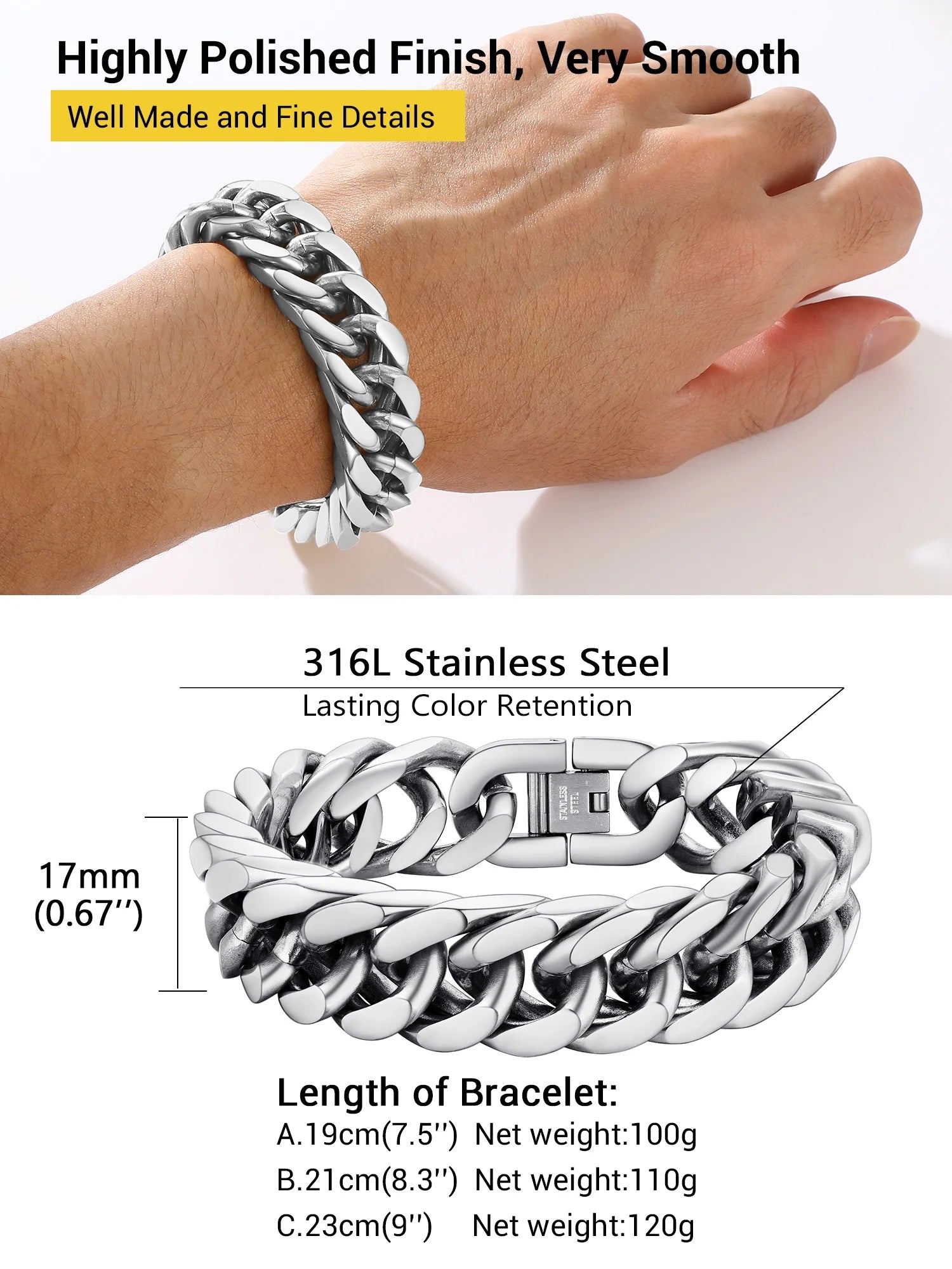 Men Stainless Steel Cuban Chain Bracelets 17Mm Hip Pop Chunky Franco Chain Bracelet 8.3 Inch Heavy Link Chains for Son Husband Jewelry Birthday Teen Graduation Father'S Day Gifts